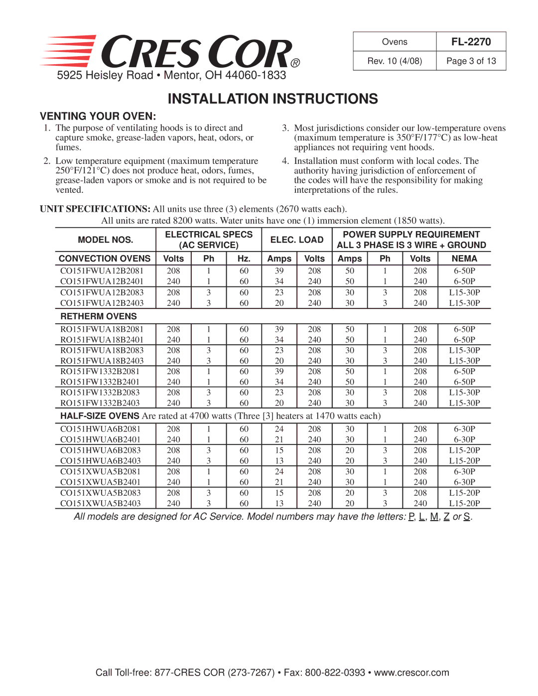 Cres Cor CO151FW1818B, CO151XW185B, CO151HW189B manual Installation Instructions, Venting Your Oven, Nema, Retherm Ovens 