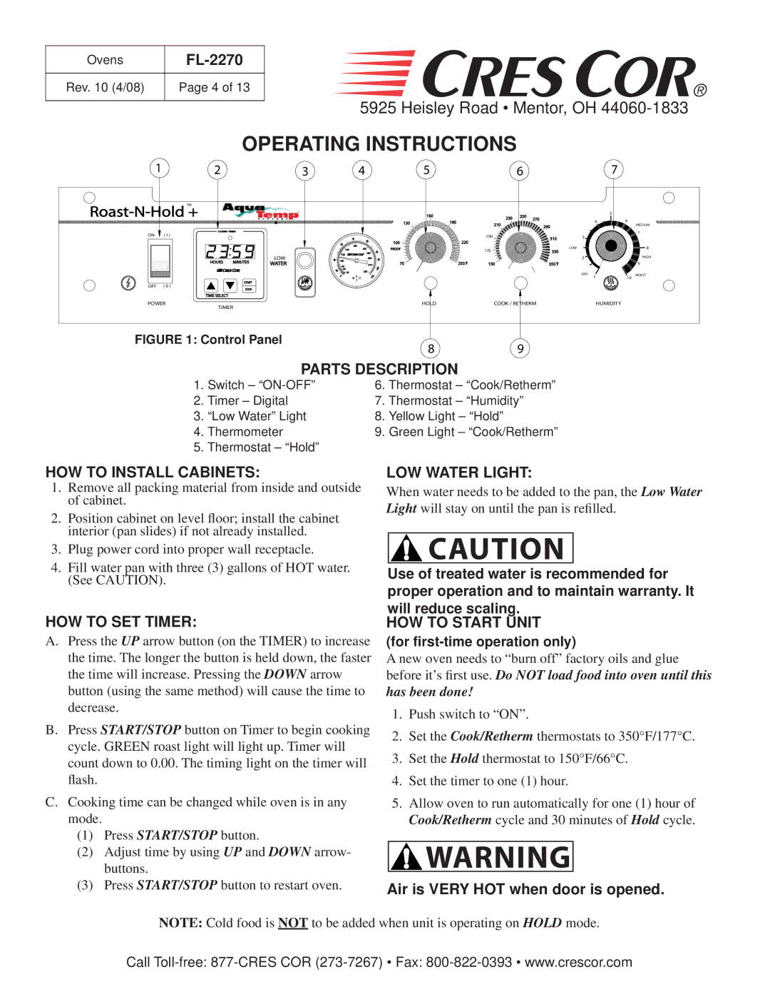 Cres Cor CO151FWUA12B, CO151XW185B, CO151HW189B, CO151XWUA5B, CO151FW1818B manual Operating Instructions 