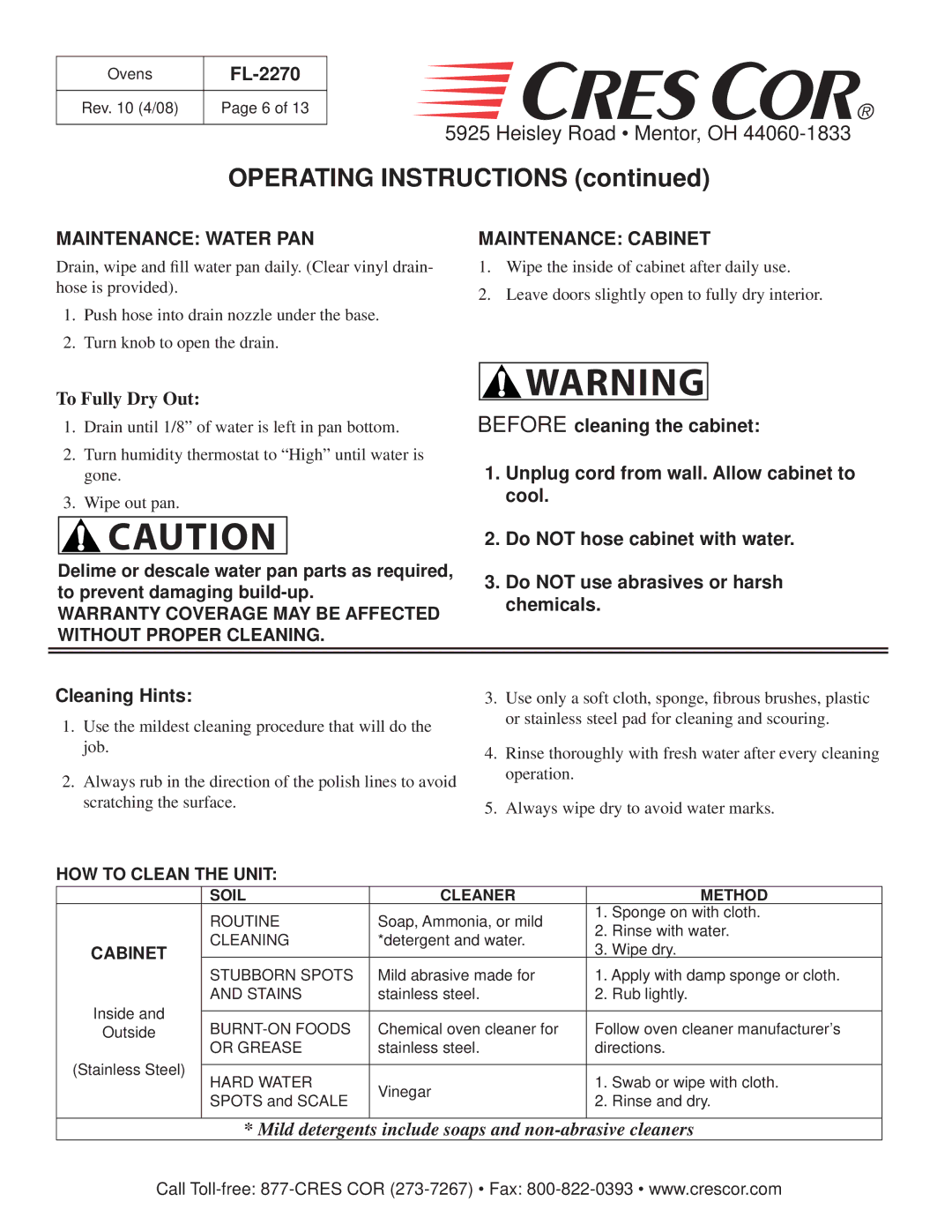 Cres Cor CO151HW189B, CO151XW185B, CO151XWUA5B, CO151FW1818B Maintenance Water PAN, Maintenance Cabinet, Soil Cleaner Method 