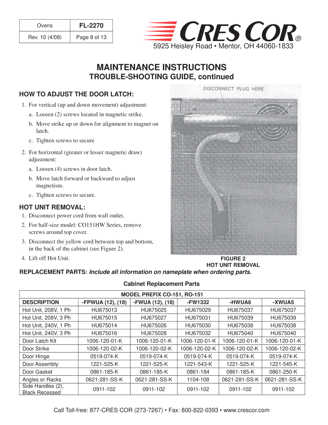 Cres Cor CO151FW1818B HOW to Adjust the Door Latch, HOT Unit Removal, Model Prefix CO-151, RO-151 Description, HWUA6 XWUA5 