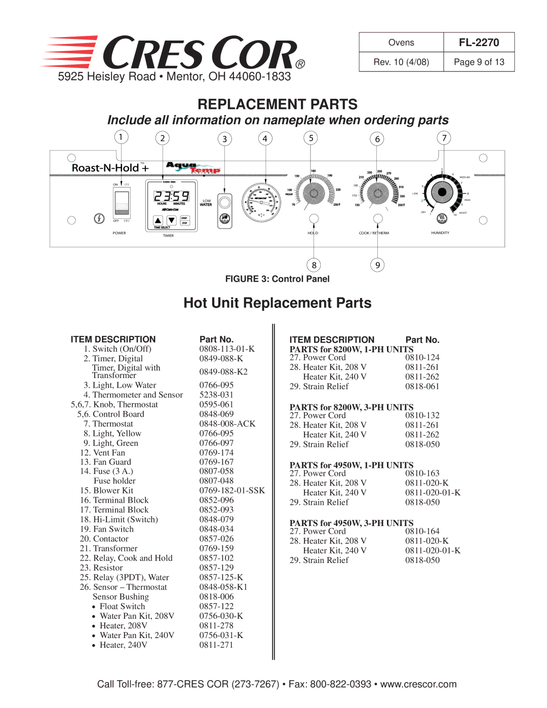 Cres Cor CO151FWUA12B, CO151XW185B, CO151HW189B, CO151XWUA5B, CO151FW1818B Hot Unit Replacement Parts, Item Description 