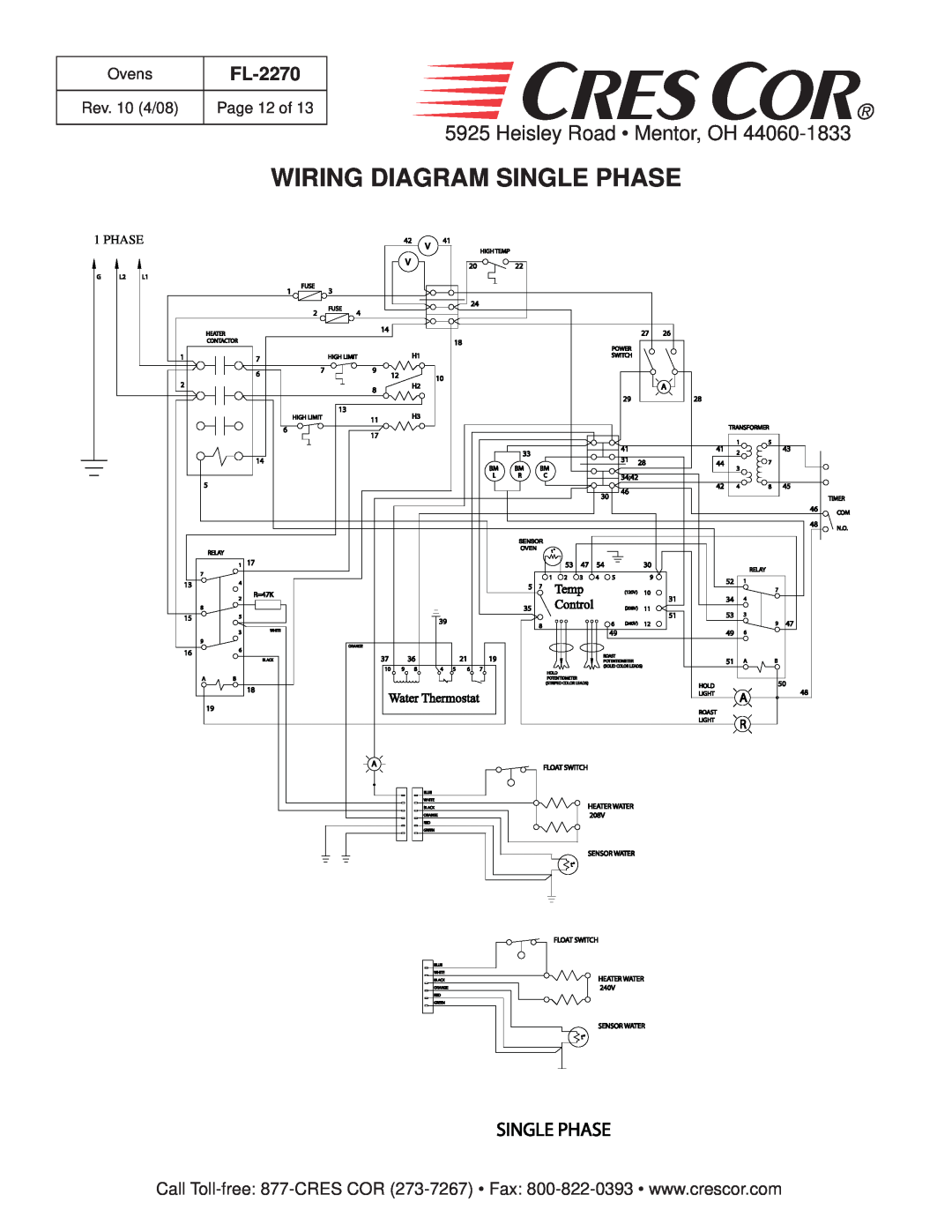 Cres Cor CO151XWUA5B manual Wiring Diagram Single Phase, Heisley Road Mentor, OH, FL-2270, Temp, Water Thermostat, Control 