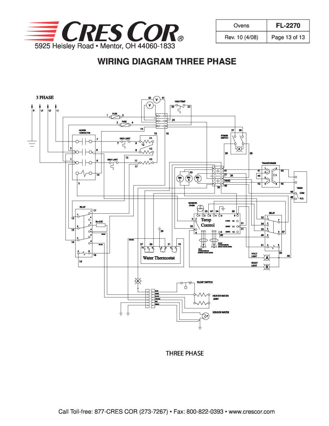 Cres Cor CO151FW1818B manual Wiring Diagram Three Phase, Heisley Road Mentor, OH, FL-2270, Temp, Water Thermostat, Control 