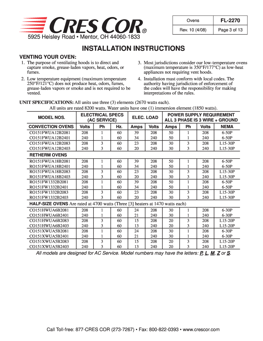 Cres Cor CO151FW1818B, CO151XW185B manual Installation Instructions, Heisley Road Mentor, OH, FL-2270, Venting Your Oven 