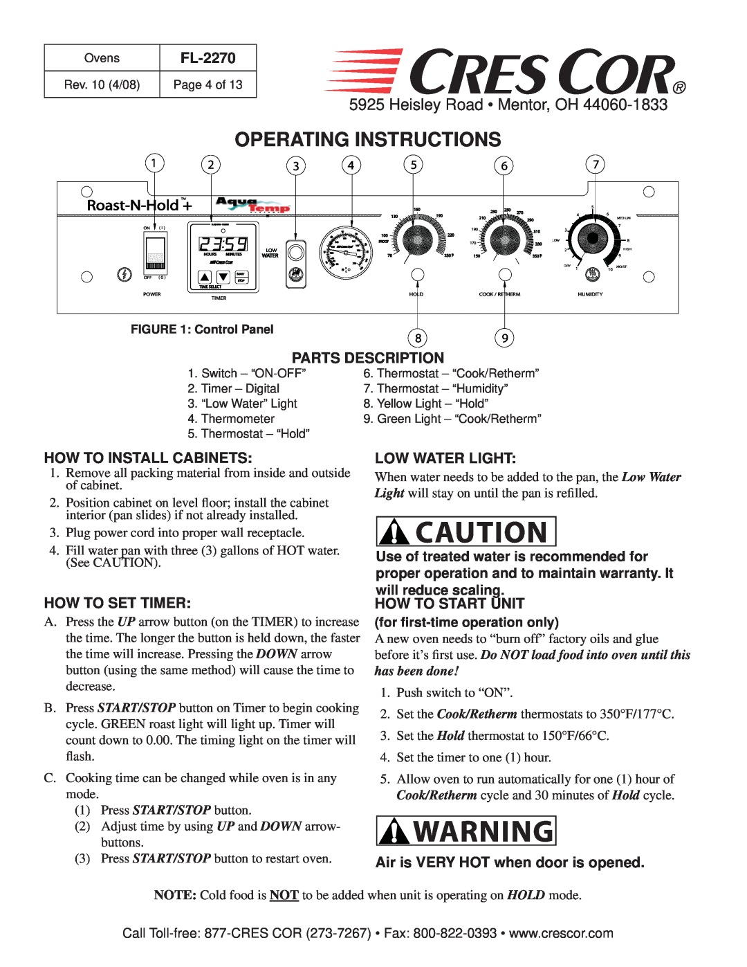 Cres Cor CO151FWUA12B manual Operating Instructions, Heisley Road Mentor, OH, FL-2270, Roast-N-Hold+, Parts Description 