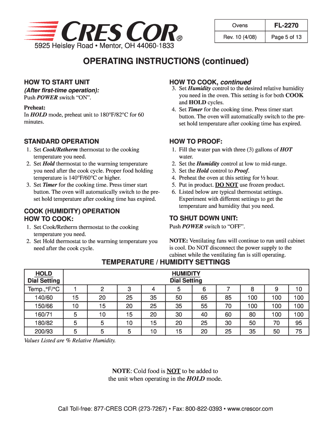Cres Cor CO151XW185B OPERATING INSTRUCTIONS continued, Heisley Road Mentor, OH, Temperature / Humidity Settings, FL-2270 