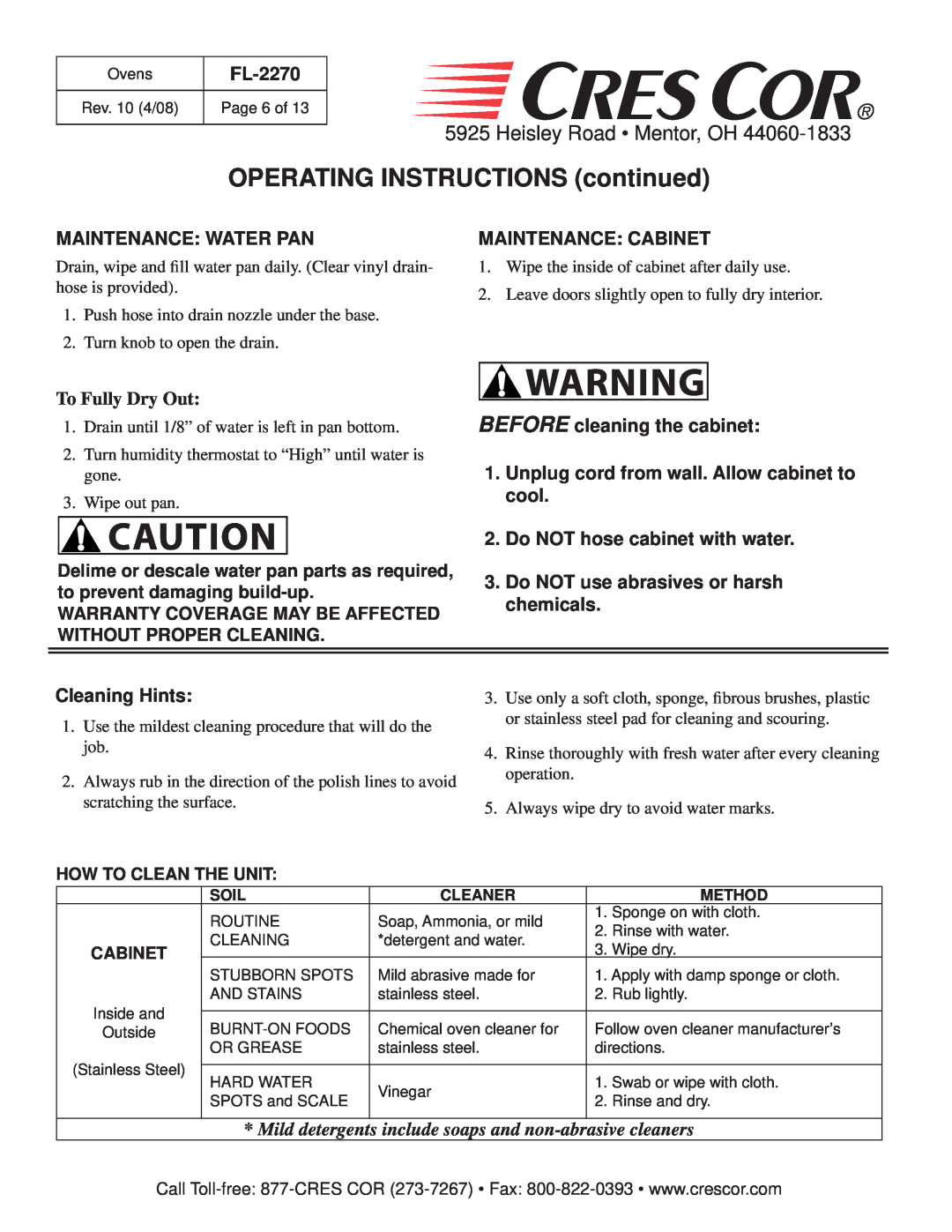 Cres Cor CO151HW189B manual OPERATING INSTRUCTIONS continued, Heisley Road Mentor, OH, FL-2270, Maintenance Water Pan 