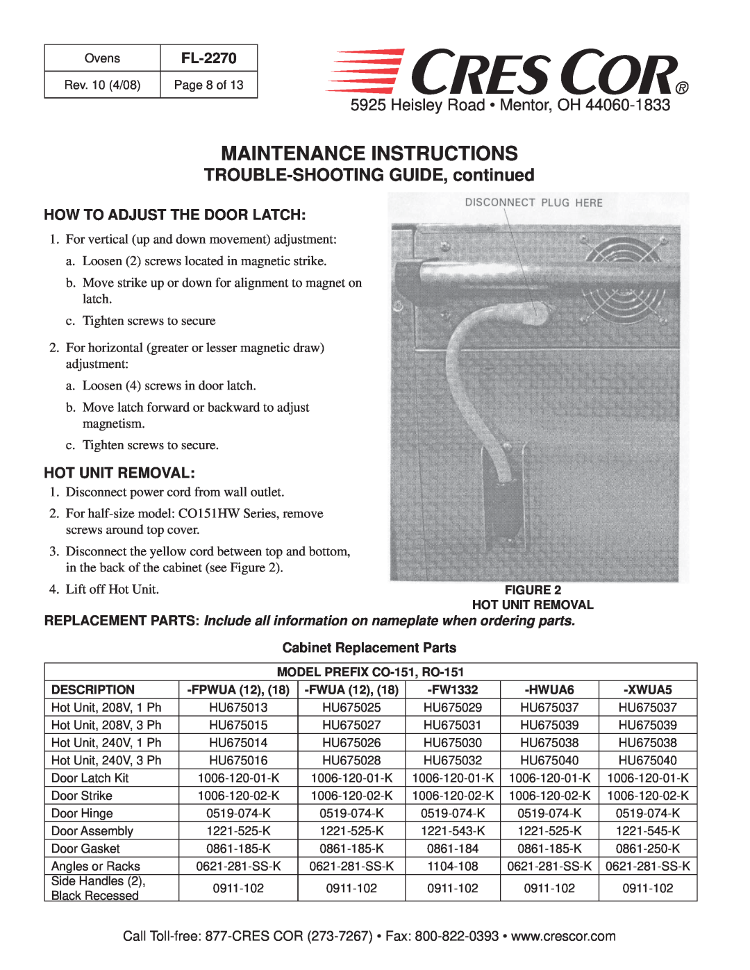 Cres Cor CO151FW1818B manual TROUBLE-SHOOTINGGUIDE, continued, Maintenance Instructions, Heisley Road Mentor, OH, FL-2270 