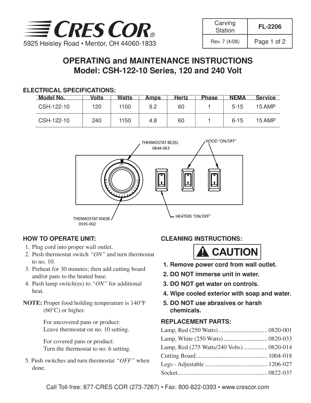 Cres Cor CSH-122-10 Series specifications Electrical Specifications, HOW to Operate Unit, Cleaning Instructions, Nema 