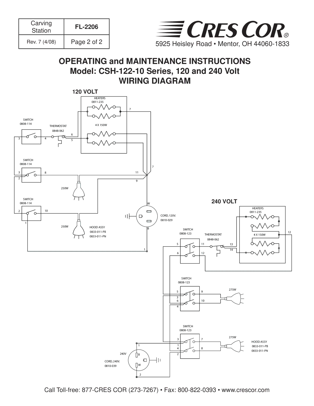 Cres Cor CSH-122-10 Series specifications Wiring Diagram, Volt 