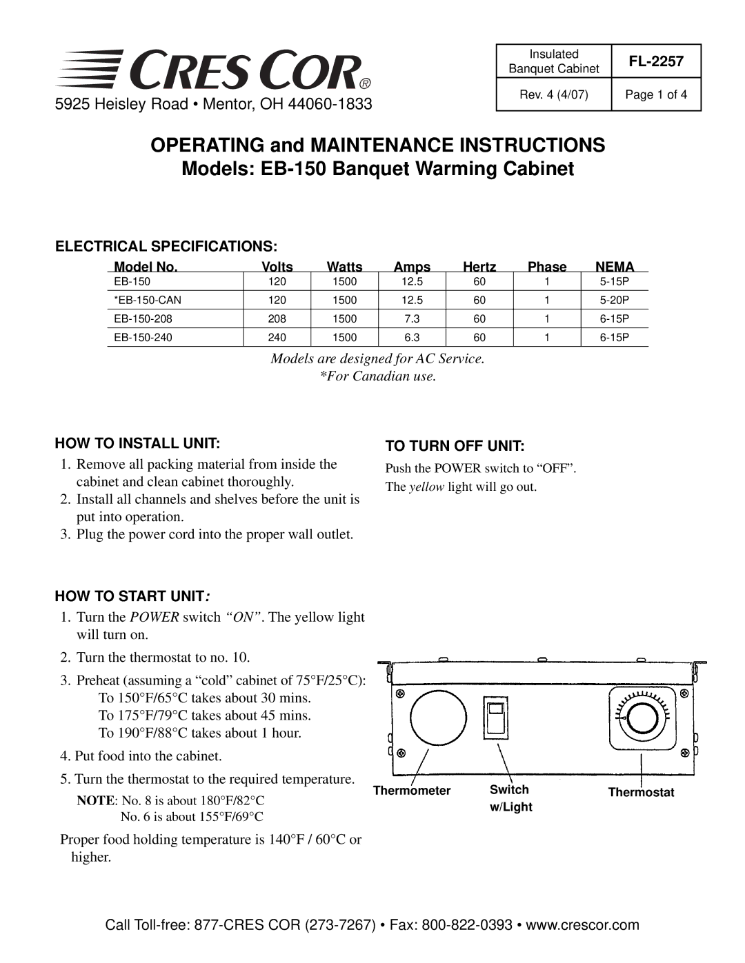 Cres Cor EB-150 specifications FL-2257, Electrical Specifications, HOW to Install Unit, HOW to Start Unit 