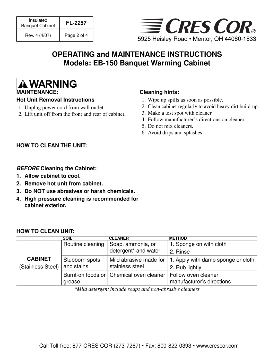 Cres Cor EB-150 specifications Maintenance, HOW to Clean the Unit, HOW to Clean Unit, Cabinet 