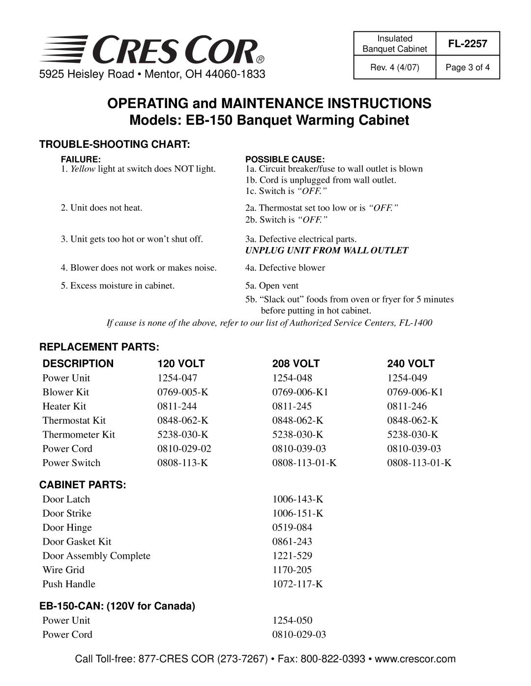 Cres Cor TROUBLE-SHOOTING Chart, Replacement Parts Description, Volt, Cabinet Parts, EB-150-CAN 120V for Canada 