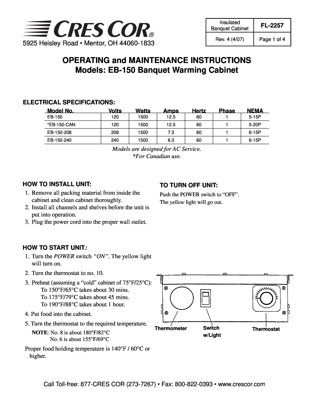 Cres Cor specifications OPERATING and MAINTENANCE INSTRUCTIONS, Models EB-150Banquet Warming Cabinet, For Canadian use 