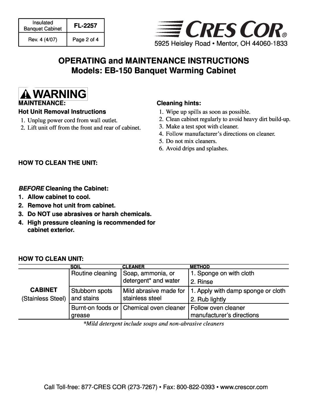 Cres Cor OPERATING and MAINTENANCE INSTRUCTIONS, Models EB-150Banquet Warming Cabinet, Heisley Road Mentor, OH, FL-2257 