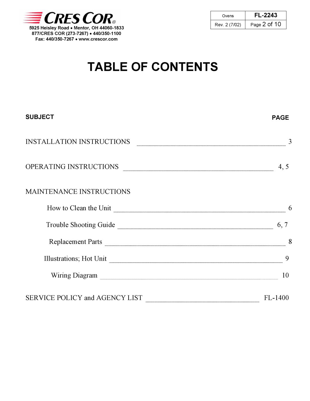 Cres Cor FL-2243 manual Table of Contents 