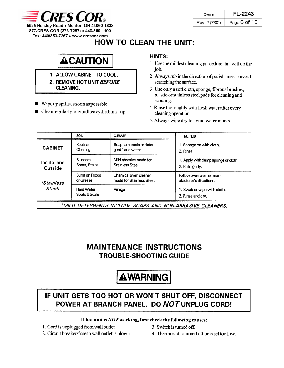 Cres Cor FL-2243 manual Rev 7/02 Page 6 