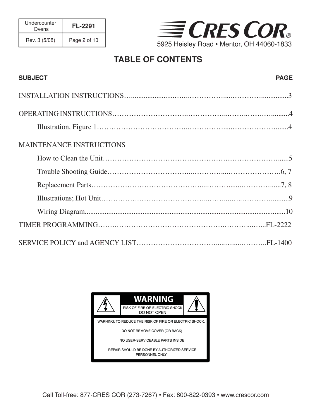 Cres Cor FL-2291 manual Table of Contents 