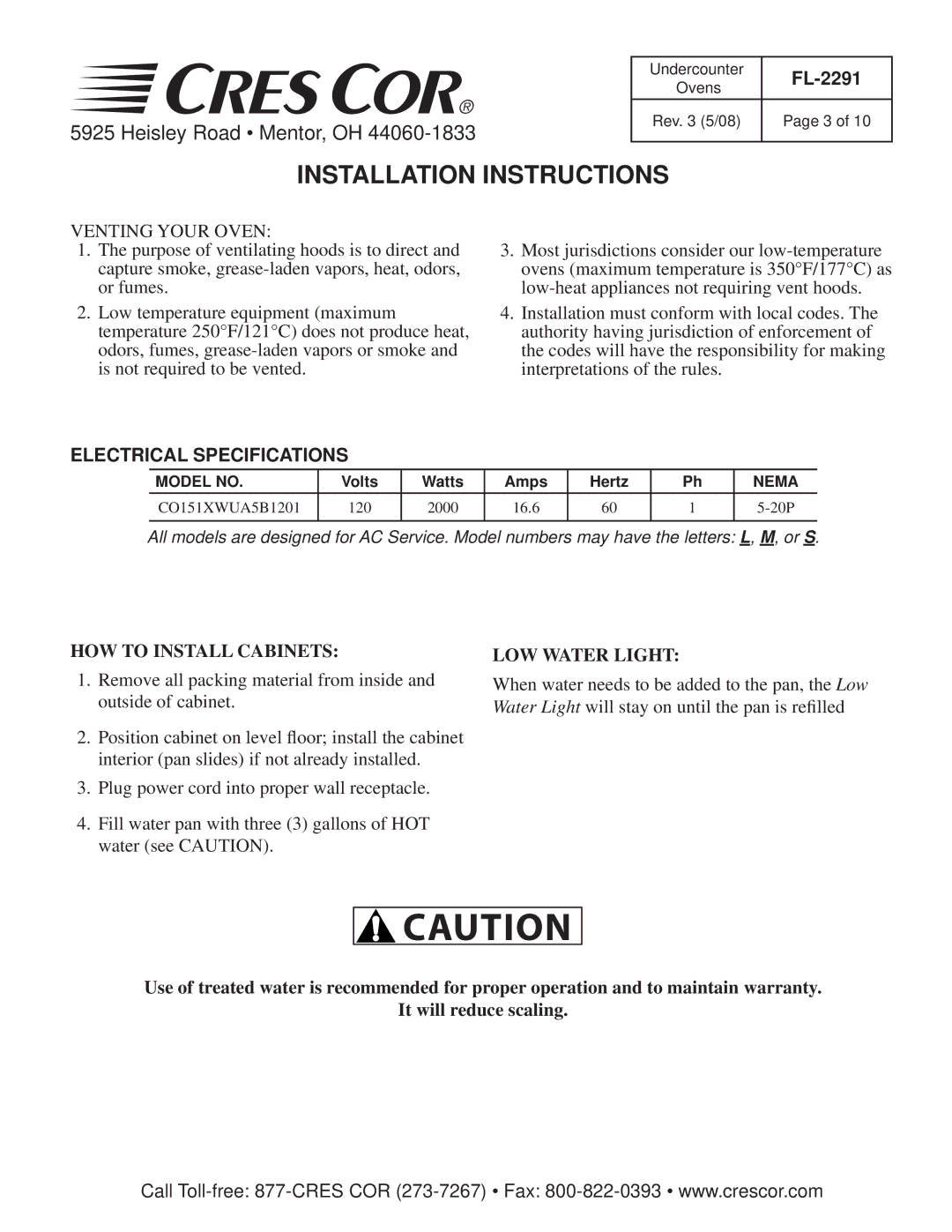 Cres Cor FL-2291 manual Installation Instructions, Electrical Specifications, HOW to Install Cabinets, LOW Water Light 