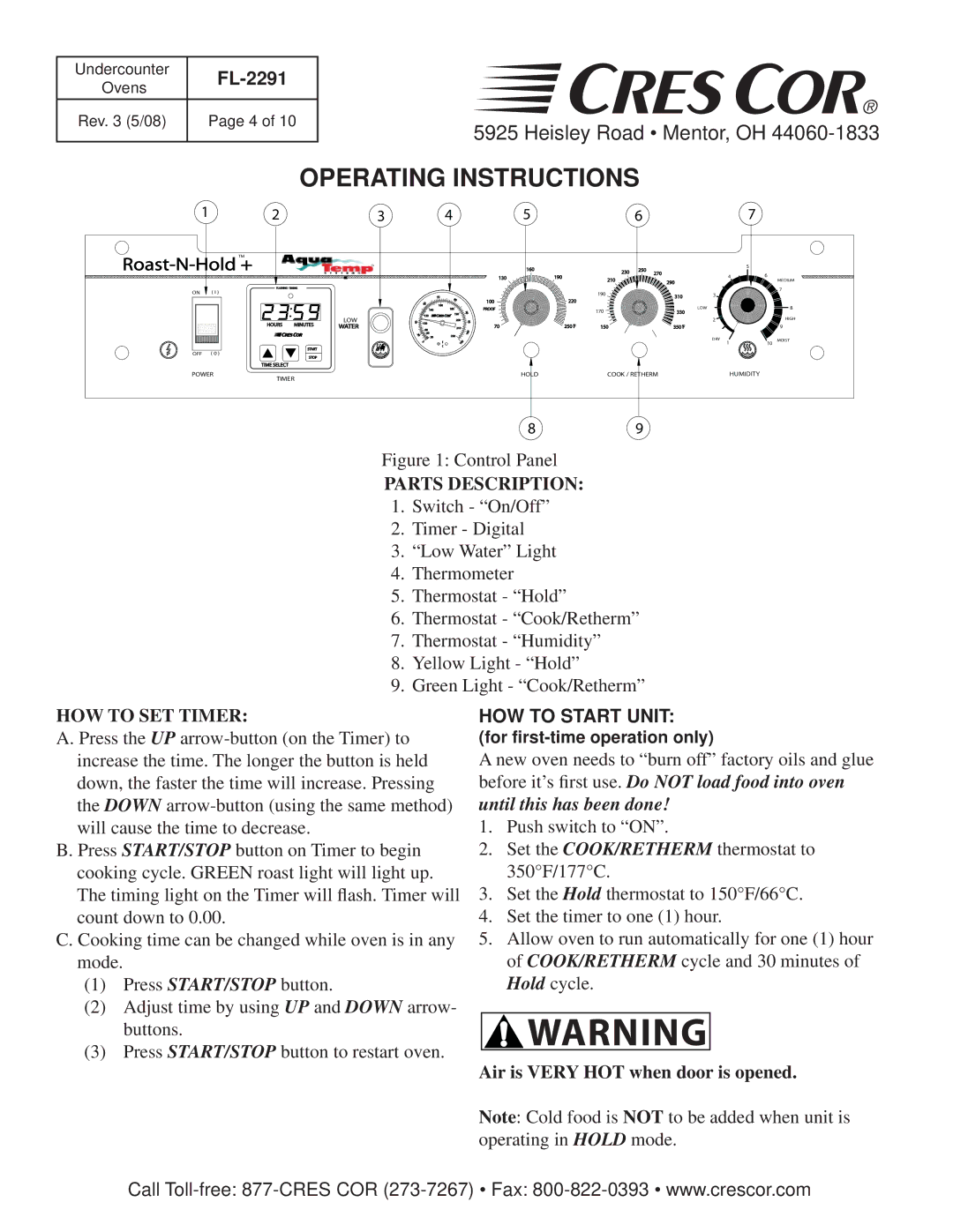 Cres Cor FL-2291 manual Operating Instructions, Parts Description, HOW to SET Timer, HOW to Start Unit 