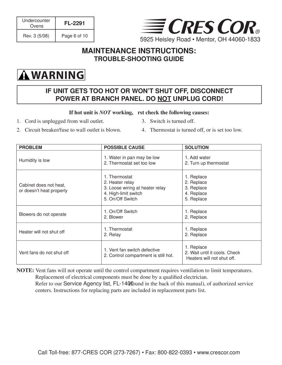 Cres Cor FL-2291 manual Maintenance Instructions, If hot unit is not working, ﬁrst check the following causes 