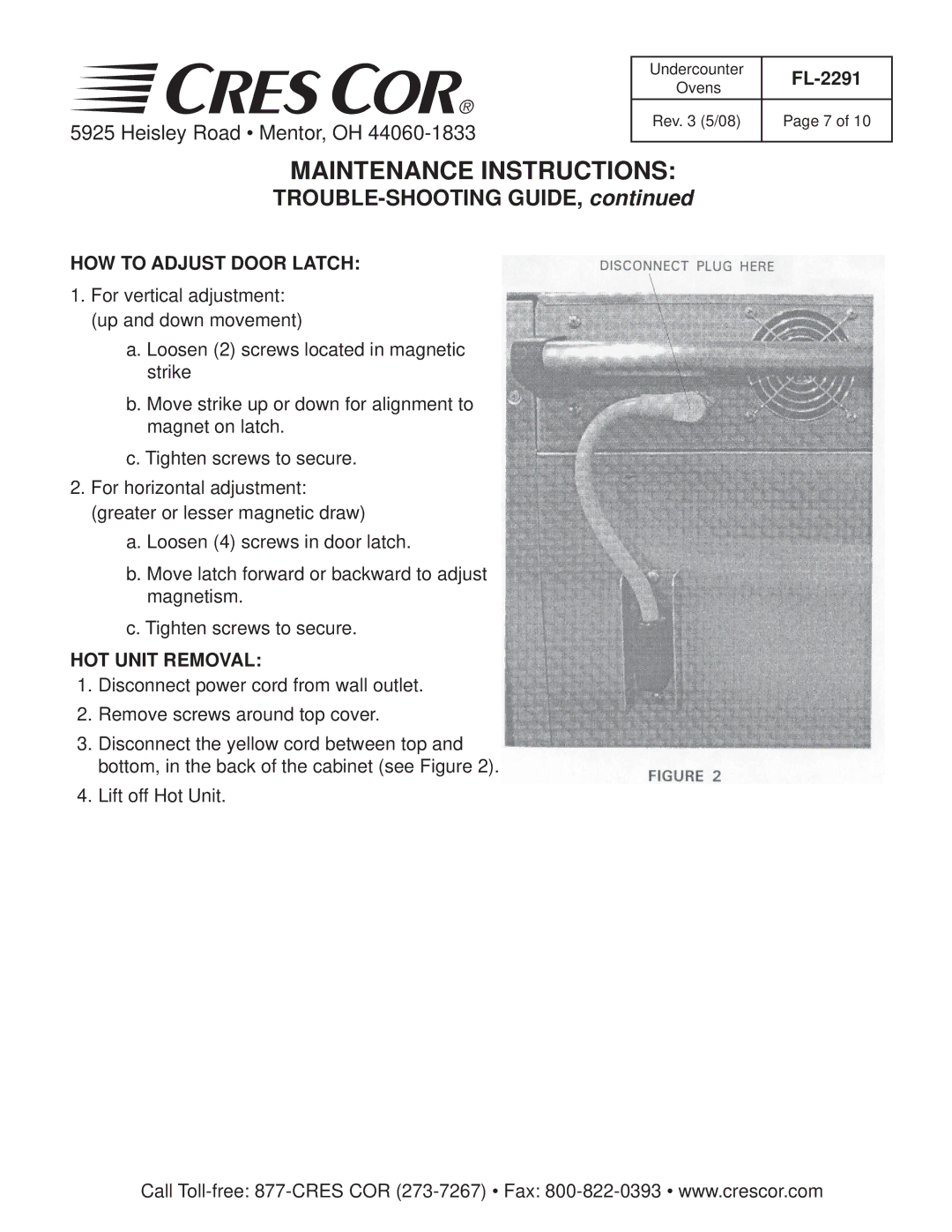 Cres Cor FL-2291 manual HOW to Adjust Door Latch, HOT Unit Removal 