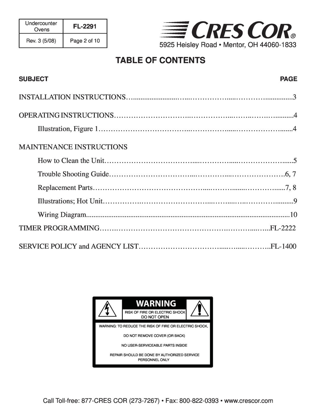 Cres Cor FL-2291 manual Table Of Contents, Maintenance Instructions 