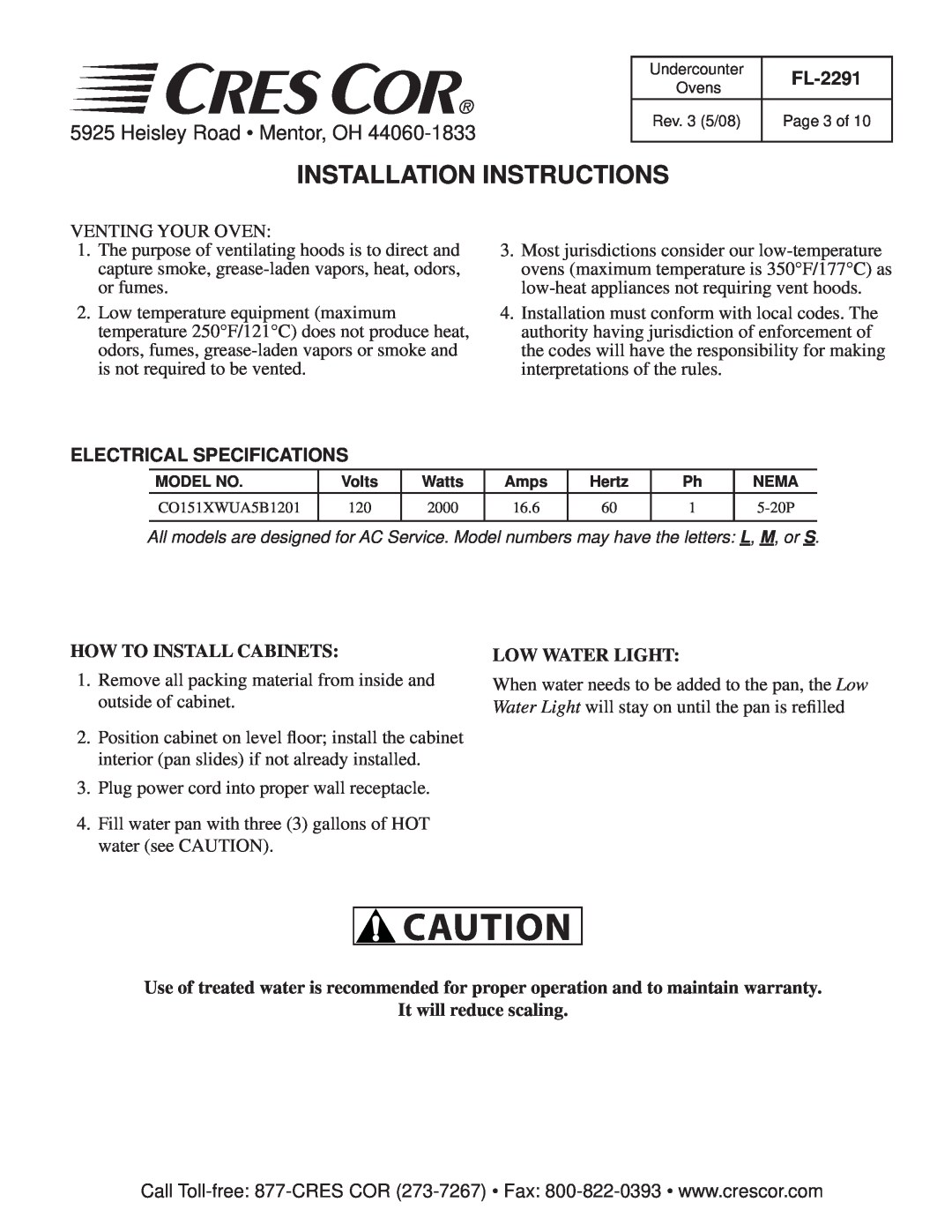 Cres Cor FL-2291 manual Installation Instructions, Heisley Road Mentor, OH, How To Install Cabinets, Low Water Light 