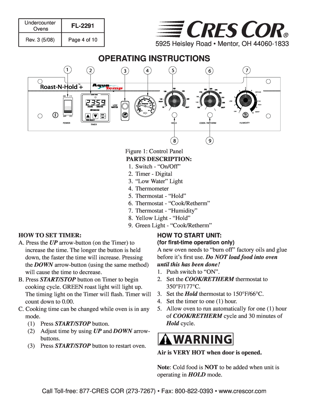 Cres Cor FL-2291 Operating Instructions, Heisley Road Mentor, OH, Roast-N-Hold +, Parts Description, How To Set Timer 