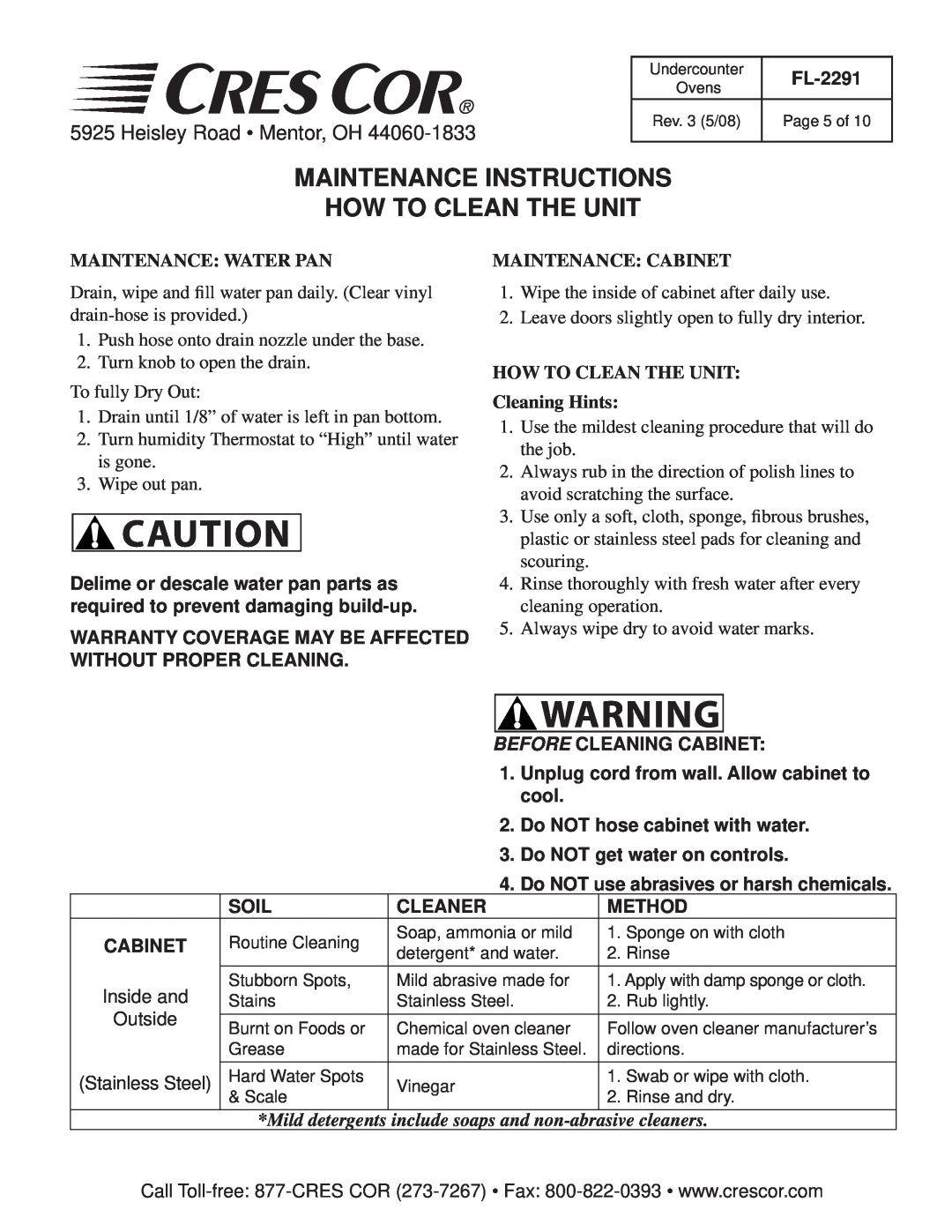 Cres Cor FL-2291 manual Maintenance Instructions How To Clean The Unit, Heisley Road Mentor, OH, Maintenance Water Pan 