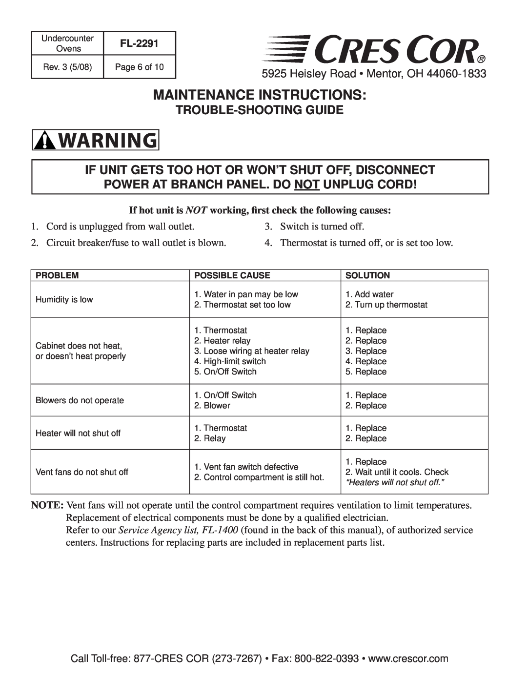 Cres Cor FL-2291 Maintenance Instructions, Trouble-Shooting Guide, If Unit Gets Too Hot Or Won’T Shut Off, Disconnect 