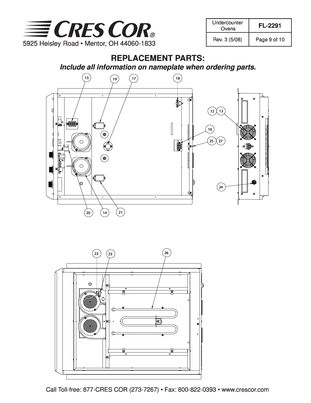 Cres Cor FL-2291 Replacement Parts, Include all information on nameplate when ordering parts, Heisley Road Mentor, OH 