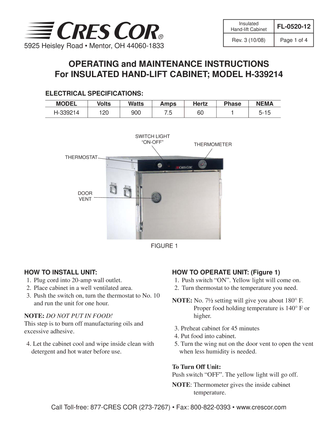 Cres Cor H-339214 specifications Electrical Specifications, HOW to Install Unit 