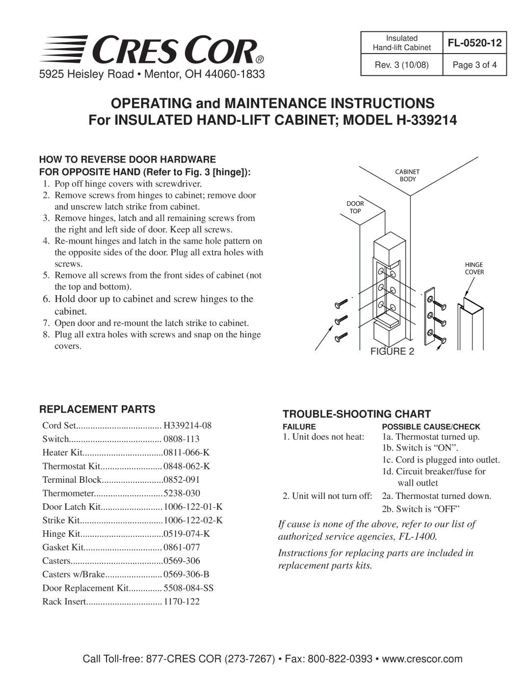 Cres Cor H-339214 specifications Replacement Parts, TROUBLE-SHOOTING Chart 