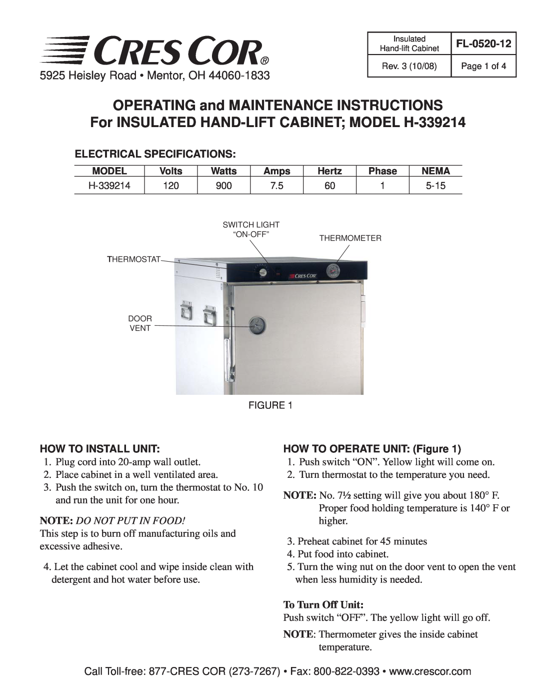 Cres Cor specifications OPERATING and MAINTENANCE INSTRUCTIONS, For INSULATED HAND-LIFT CABINET MODEL H-339214 