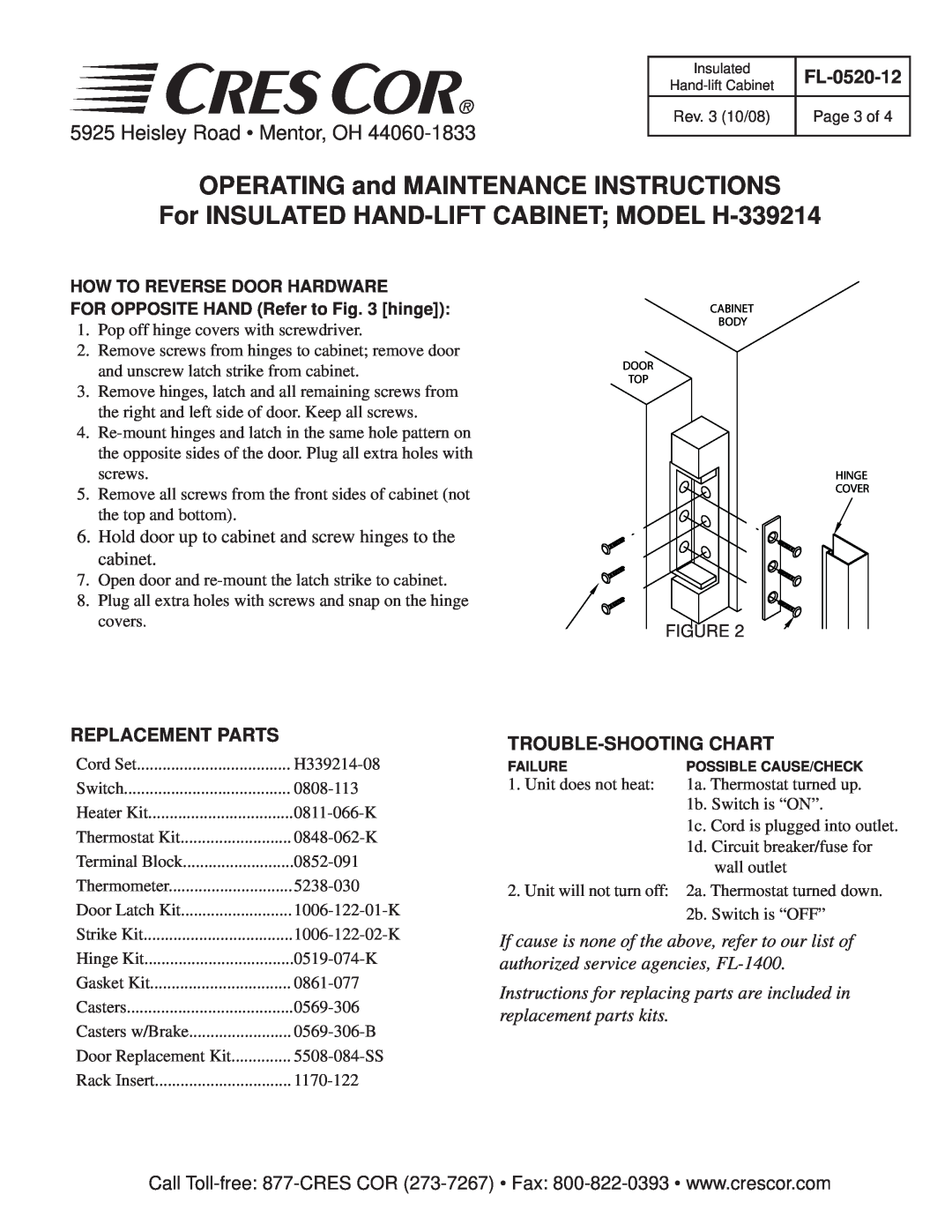 Cres Cor H-339214 Replacement Parts, Trouble-Shooting Chart, OPERATING and MAINTENANCE INSTRUCTIONS, FL-0520-12 