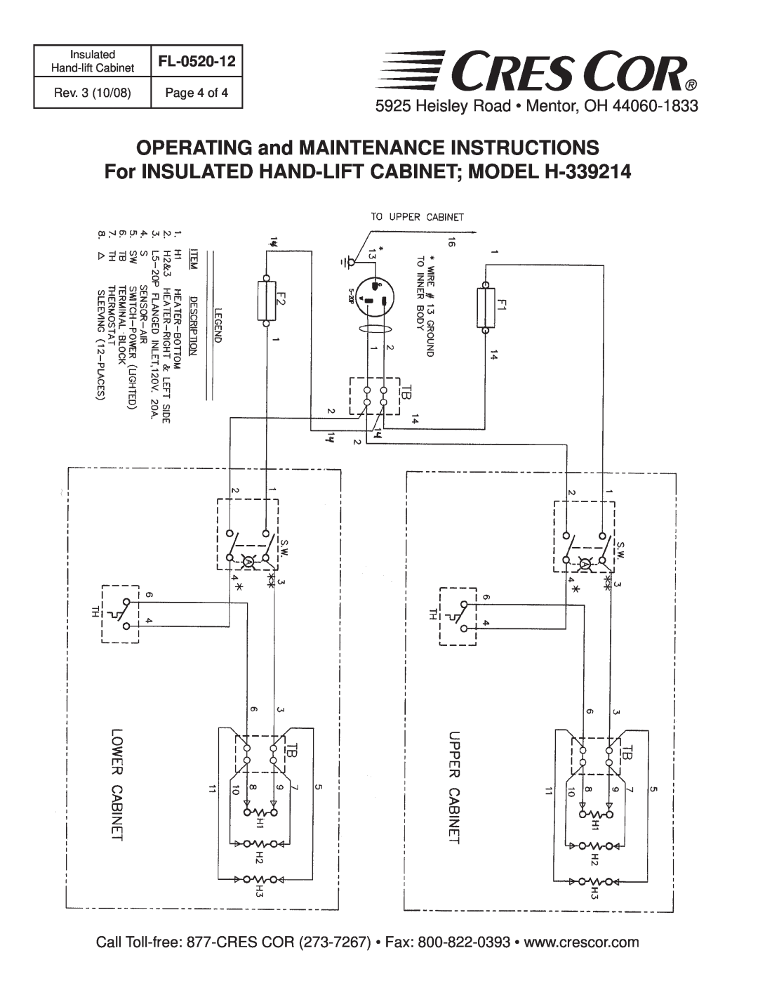 Cres Cor OPERATING and MAINTENANCE INSTRUCTIONS, For INSULATED HAND-LIFT CABINET MODEL H-339214, FL-0520-12, Insulated 