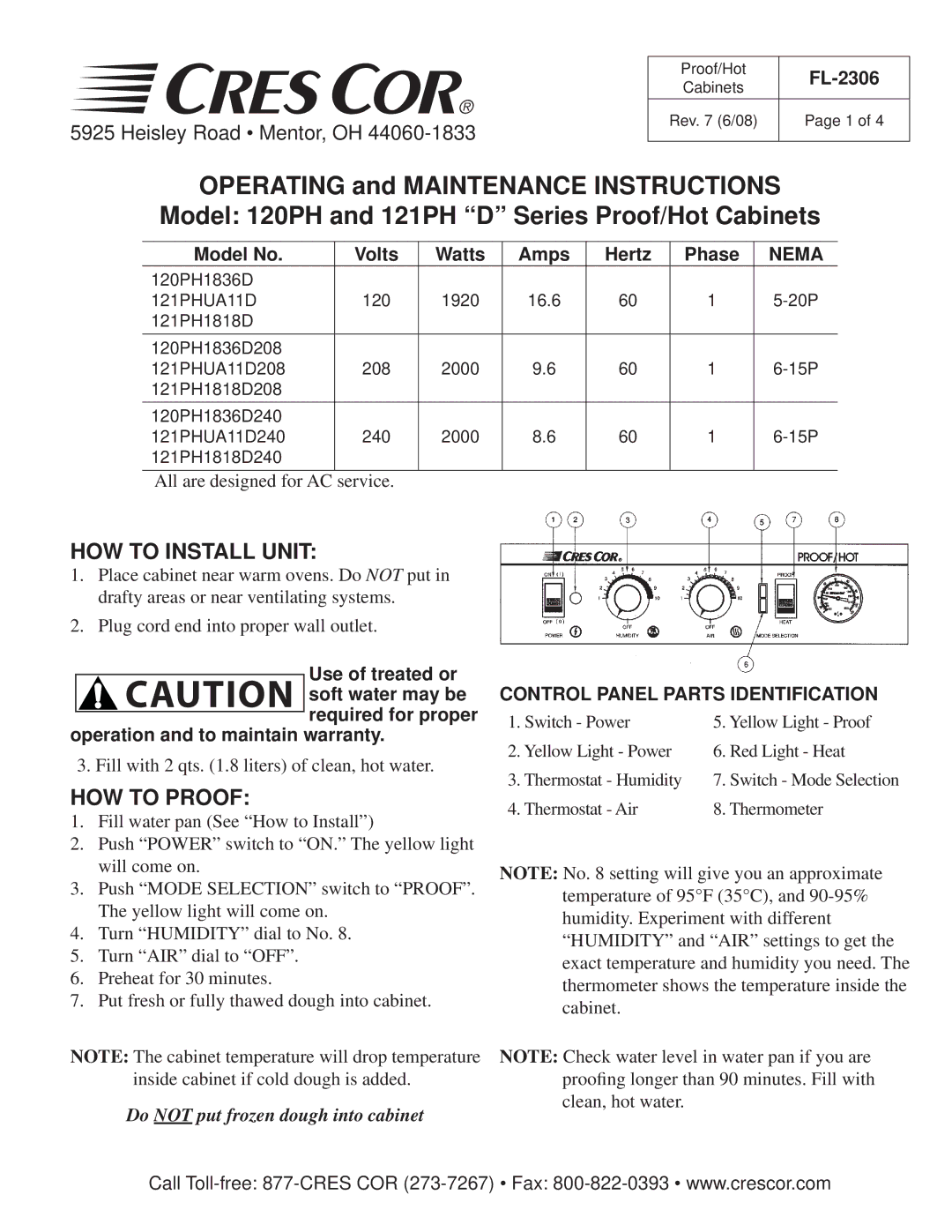 Cres Cor 121PH, Proof/Hot Cabinets warranty HOW to Install Unit, HOW to Proof, Nema, Control Panel Parts Identification 