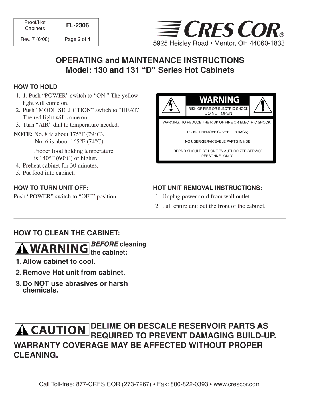 Cres Cor 120PH, 121PH warranty HOW to Clean the Cabinet, HOW to Hold, HOW to Turn Unit OFF, HOT Unit Removal Instructions 