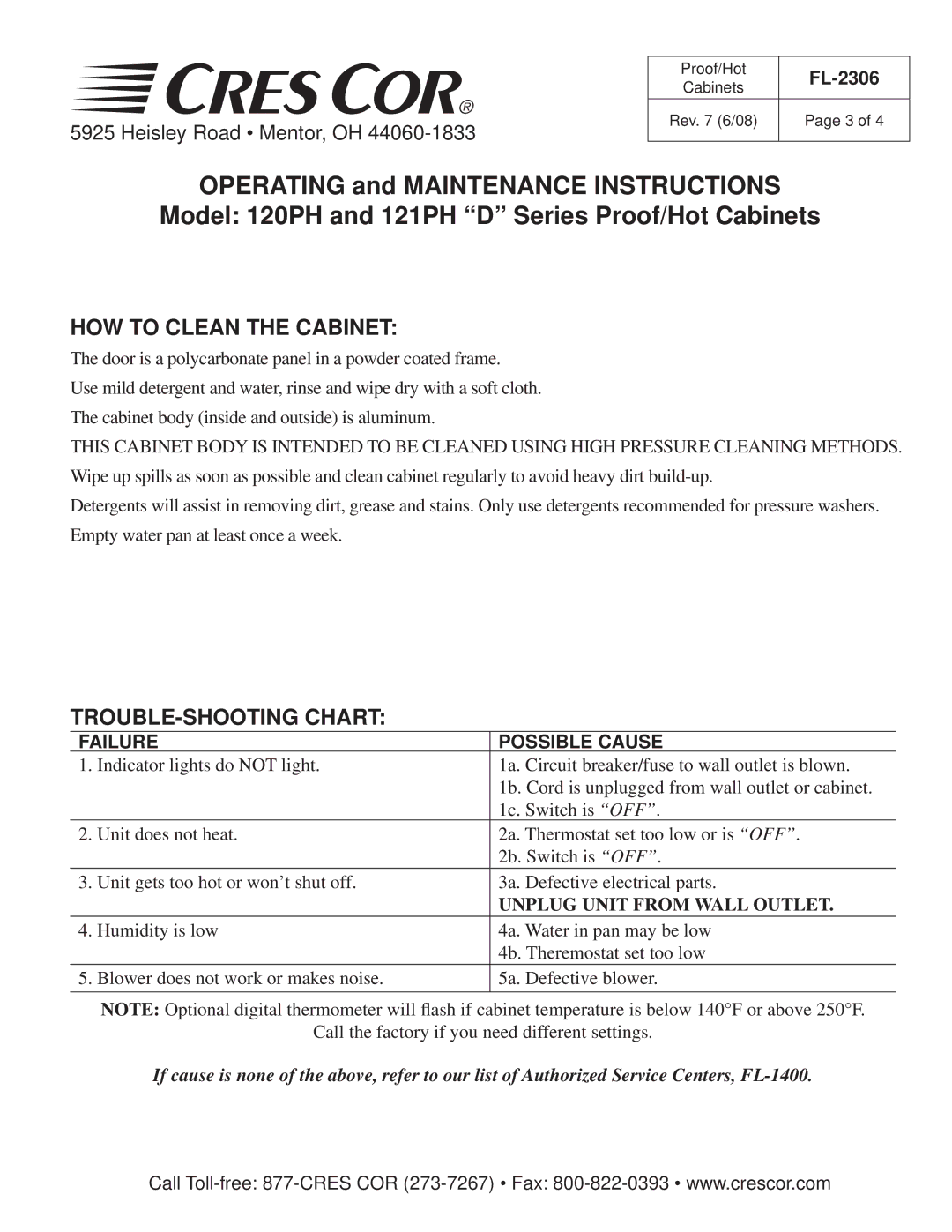 Cres Cor Proof/Hot Cabinets, 121PH, 120PH warranty TROUBLE-SHOOTING Chart, Failure Possible Cause 