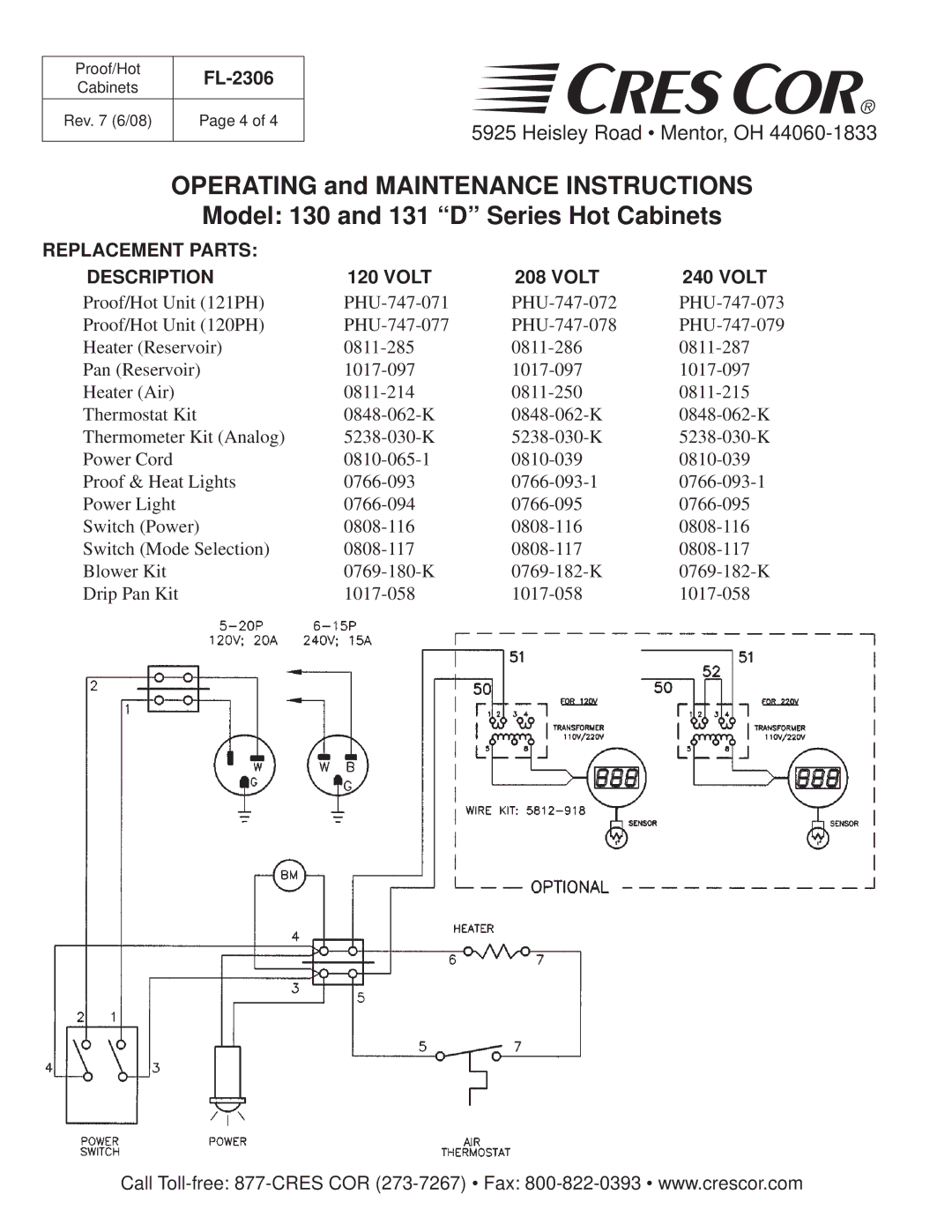 Cres Cor 121PH, Proof/Hot Cabinets, 120PH warranty Replacement Parts Description, Volt 