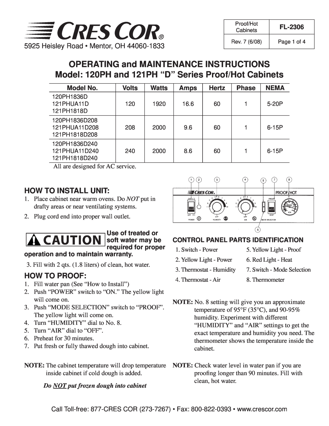 Cres Cor warranty OPERATING and MAINTENANCE INSTRUCTIONS, Model 120PH and 121PH “D” Series Proof/Hot Cabinets, FL-2306 