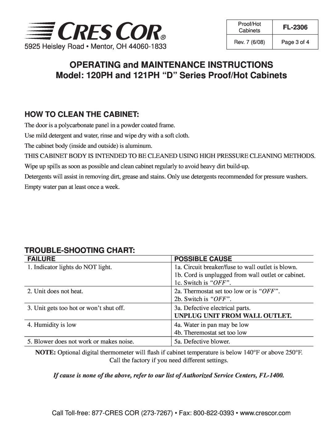 Cres Cor Proof/Hot Cabinets, 121PH Trouble-Shooting Chart, Failure, Possible Cause, OPERATING and MAINTENANCE INSTRUCTIONS 
