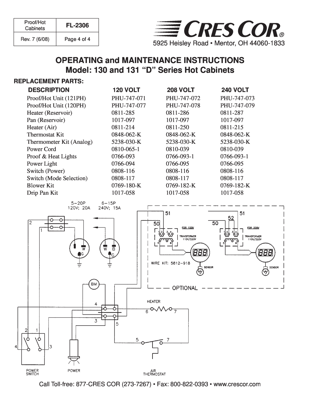 Cres Cor 121PH Replacement Parts, Description, Volt, OPERATING and MAINTENANCE INSTRUCTIONS, Heisley Road Mentor, OH 