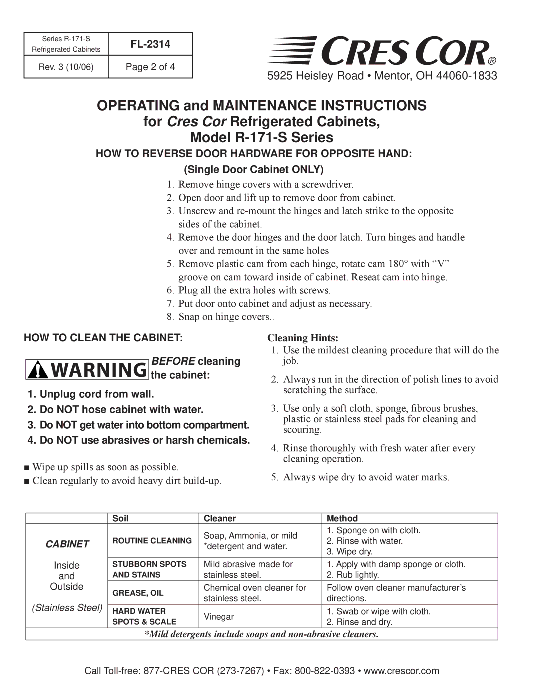 Cres Cor R171S1856240 HOW to Reverse Door Hardware for Opposite Hand, Single Door Cabinet only, HOW to Clean the Cabinet 