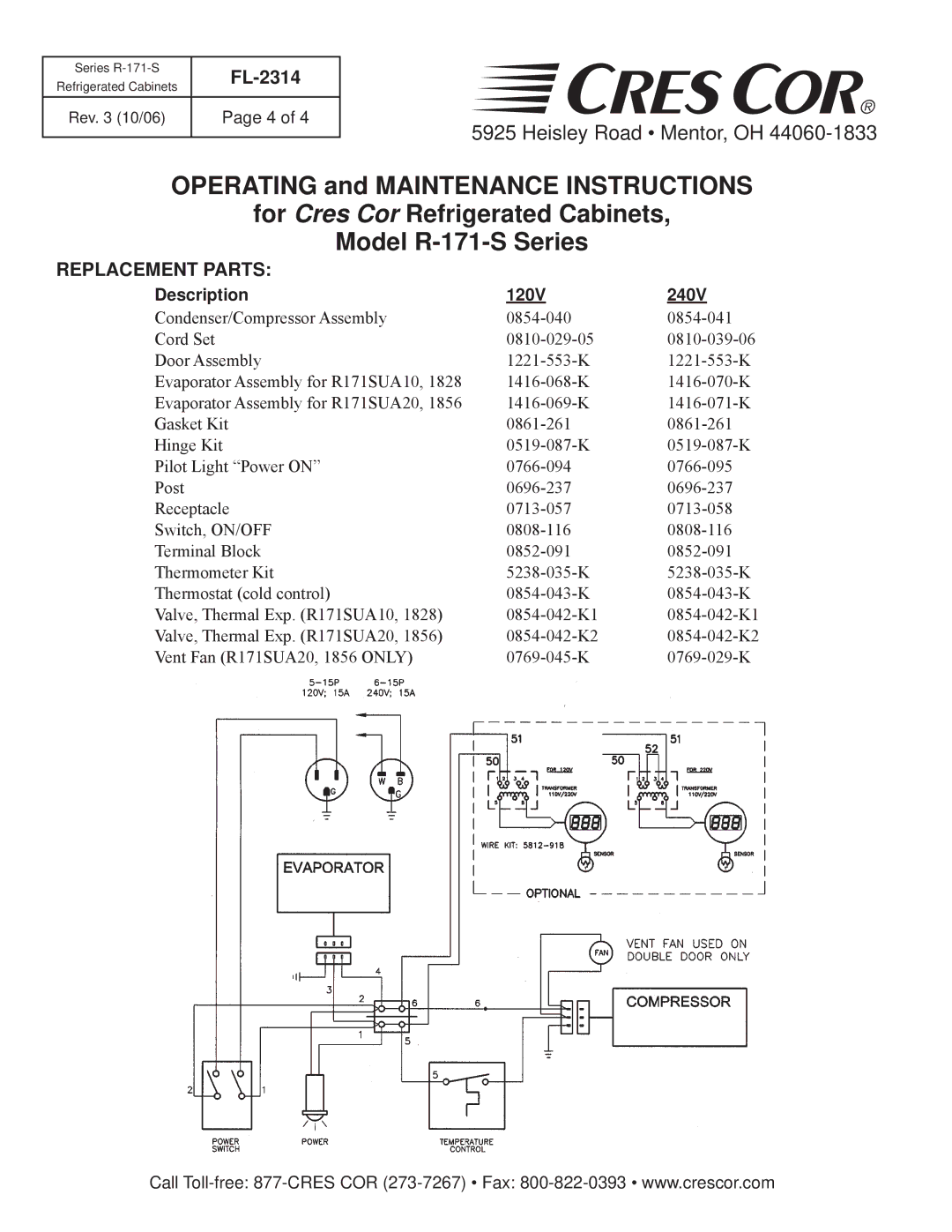 Cres Cor R171SUA10240, R171S1856240, R171S1828240, R171SUA20240 manual Replacement Parts, Description 120V 240V 