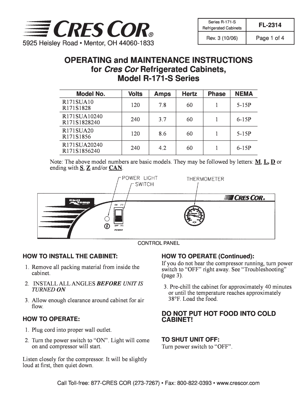 Cres Cor R171SUA10240, R171SUA20 manual OPERATING and MAINTENANCE INSTRUCTIONS, for Cres Cor Refrigerated Cabinets 