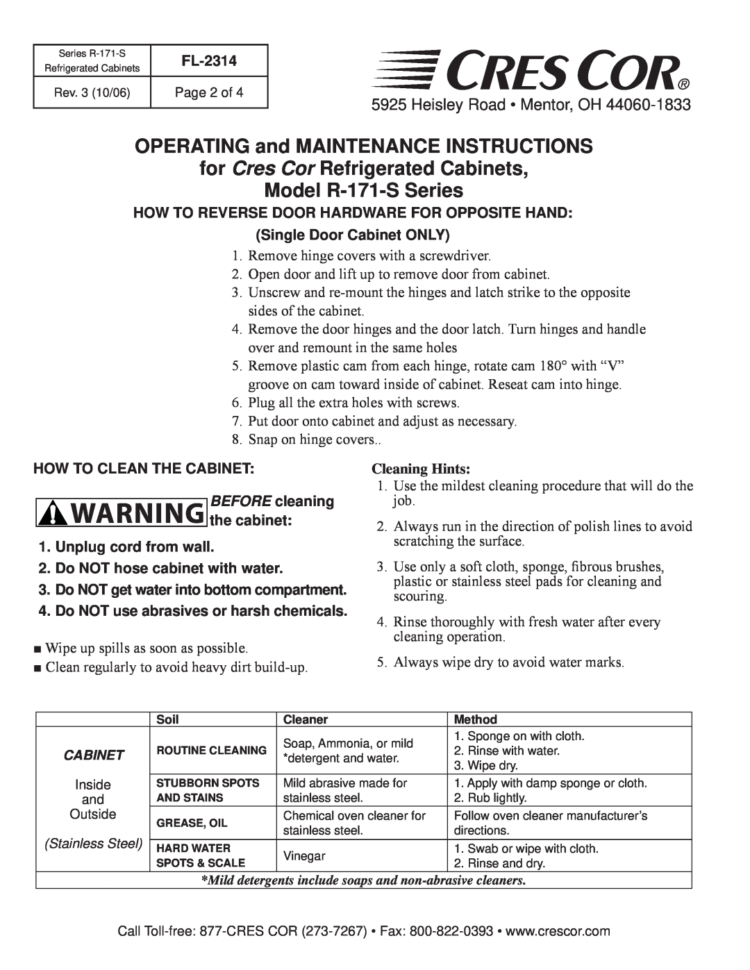 Cres Cor R171S1856240 manual Cleaning Hints, OPERATING and MAINTENANCE INSTRUCTIONS, for Cres Cor Refrigerated Cabinets 