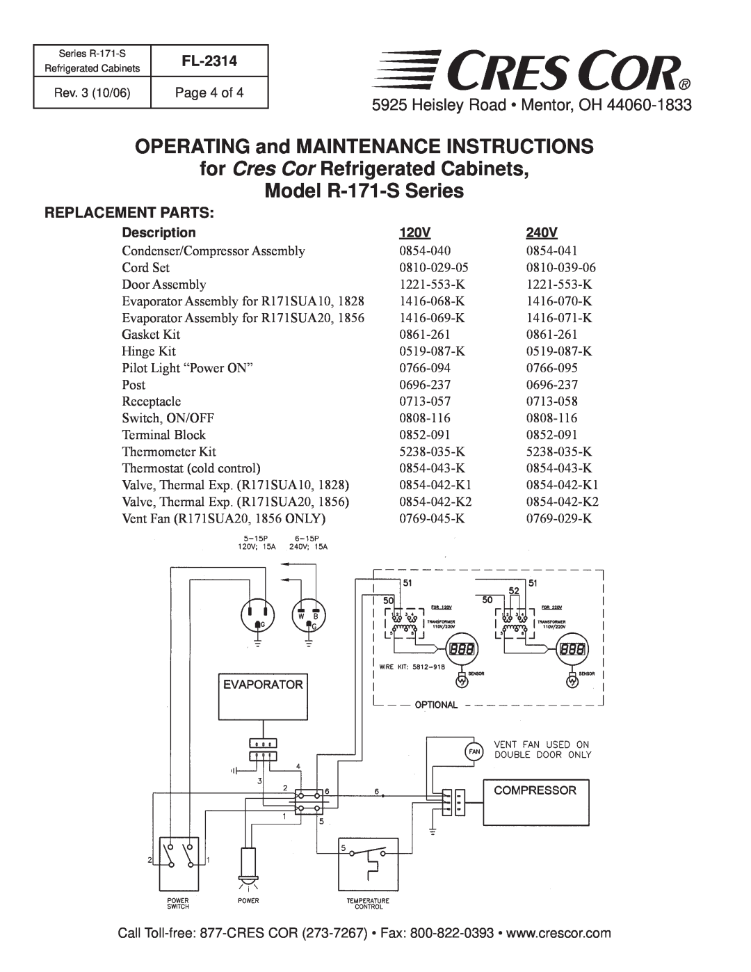 Cres Cor R171S1856 OPERATING and MAINTENANCE INSTRUCTIONS, for Cres Cor Refrigerated Cabinets, Model R-171-SSeries, 120V 