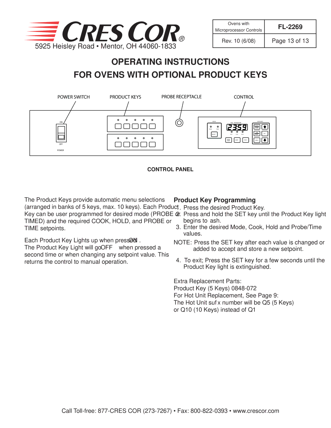 Cres Cor CO151FUA12B-Q1 manual Operating Instructions For Ovens with Optional Product Keys, Extra Replacement Parts 